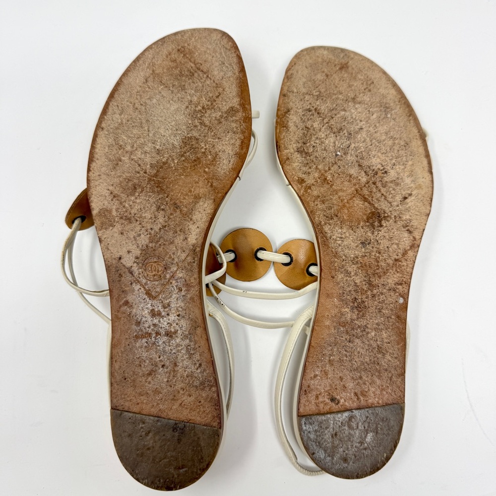 Chanel Flat Thong Sandals Cream with Brown Leather Medallions - Picture 9 of 12